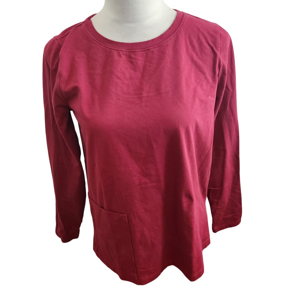 Eileen Fisher Womens XS Tee Shirt Burgundy Red Long Sleeve Crew Neck Pocket‎ Top